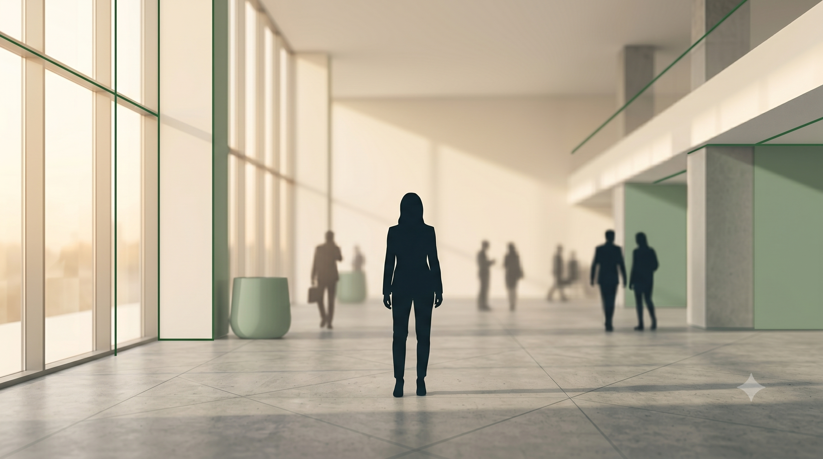 A person standing quietly in a conference space, hands at rest, fully present - representing the embodied quality of leadership that goes beyond mindset